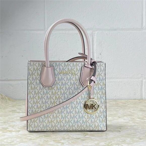 MICHAEL KORS MERCER MD SATCHEL MESSENGER MK SIGNATURE LEATHER BAG VANILLA PINK - Picture 6 of 6